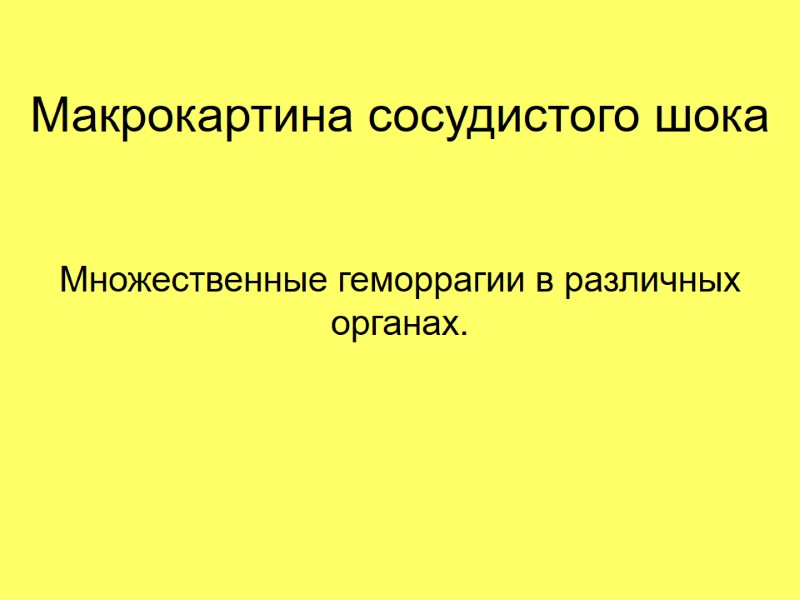 Макрокартина сосудистого шока Множественные геморрагии в различных органах.